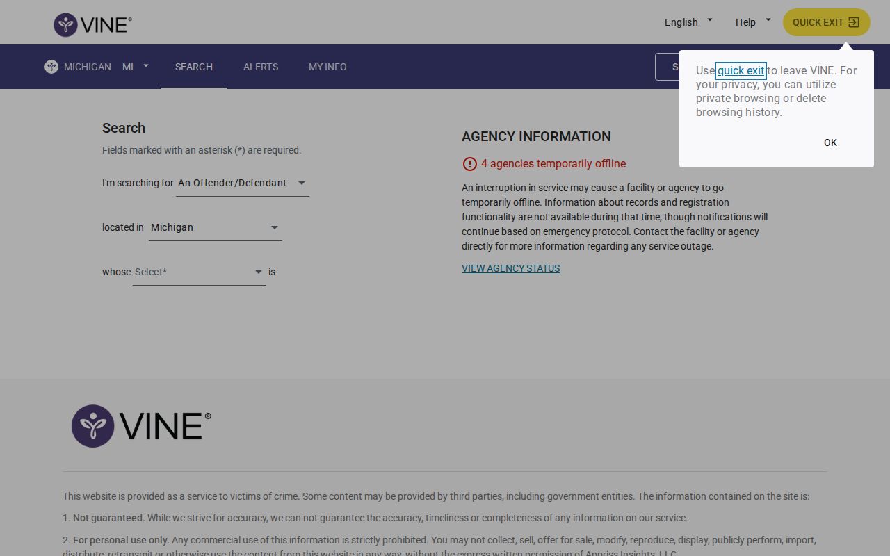 Michigan VINELink person search for an Iron County custody check