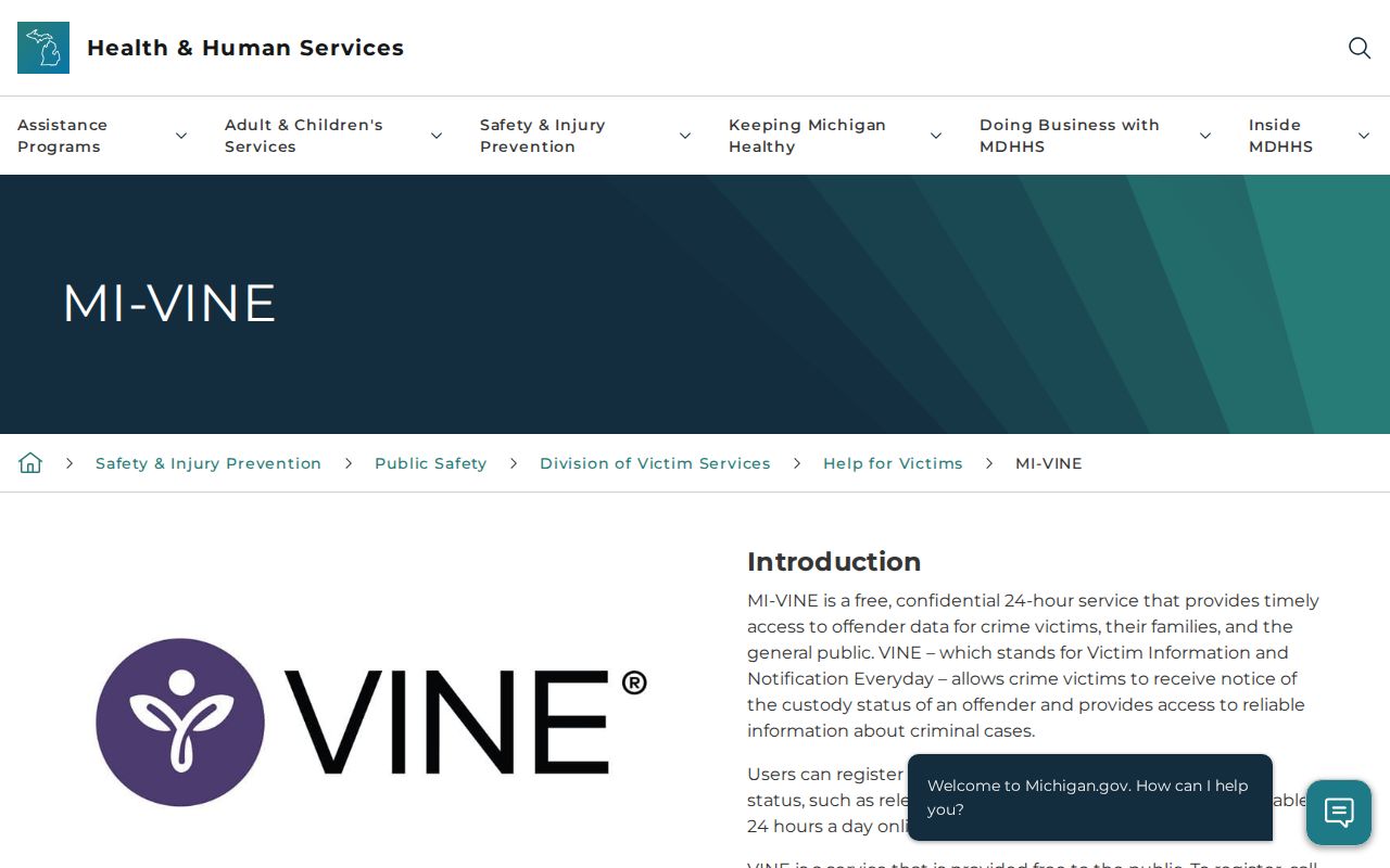 Official Michigan VINE custody notification information for Iron County users