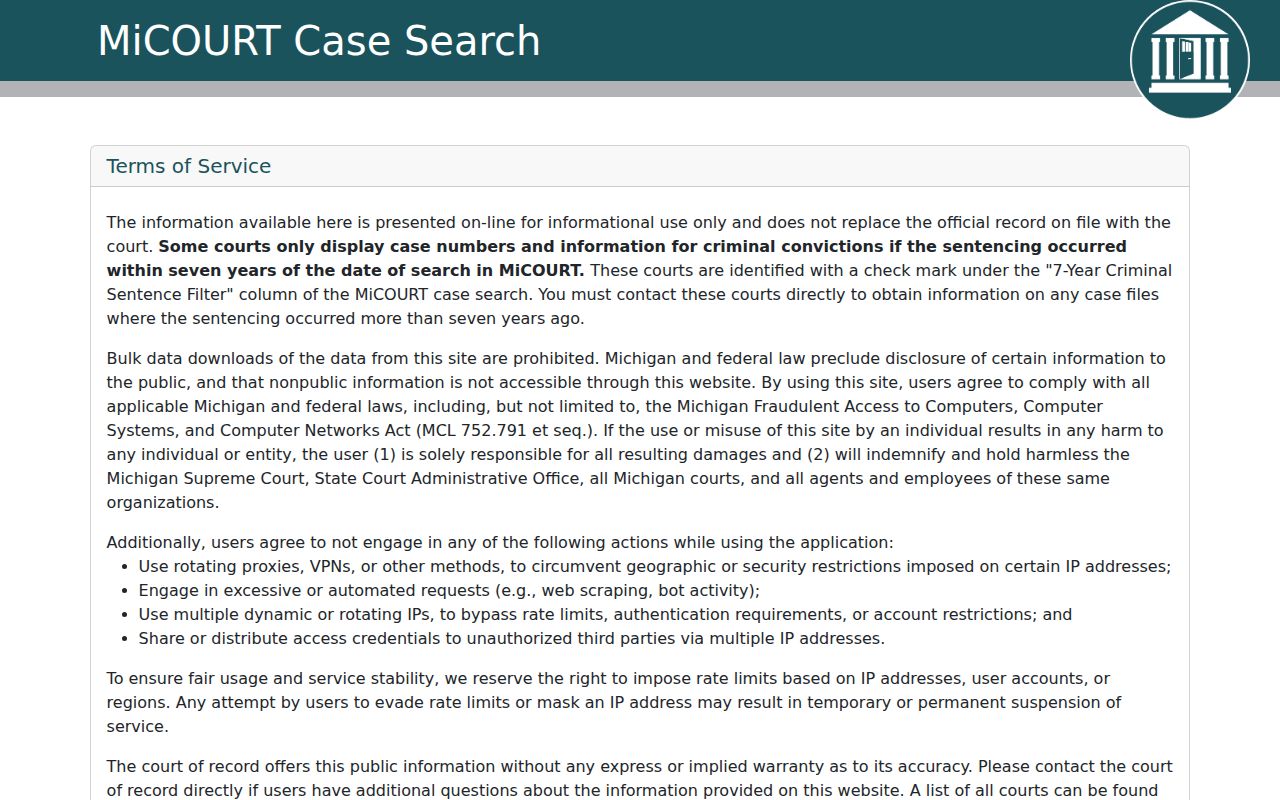 Michigan MiCOURT public case search and online-record limitations