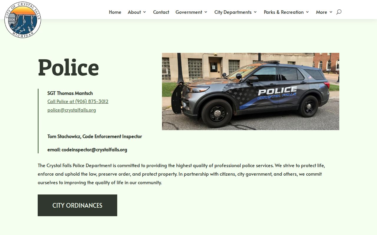 Crystal Falls Police Department official arrest records contact page