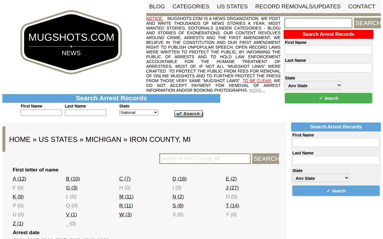 Unofficial third-party Iron County arrest page requiring official verification