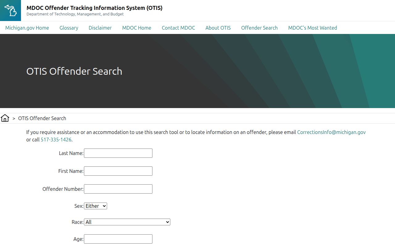 Michigan Department of Corrections OTIS offender search fields