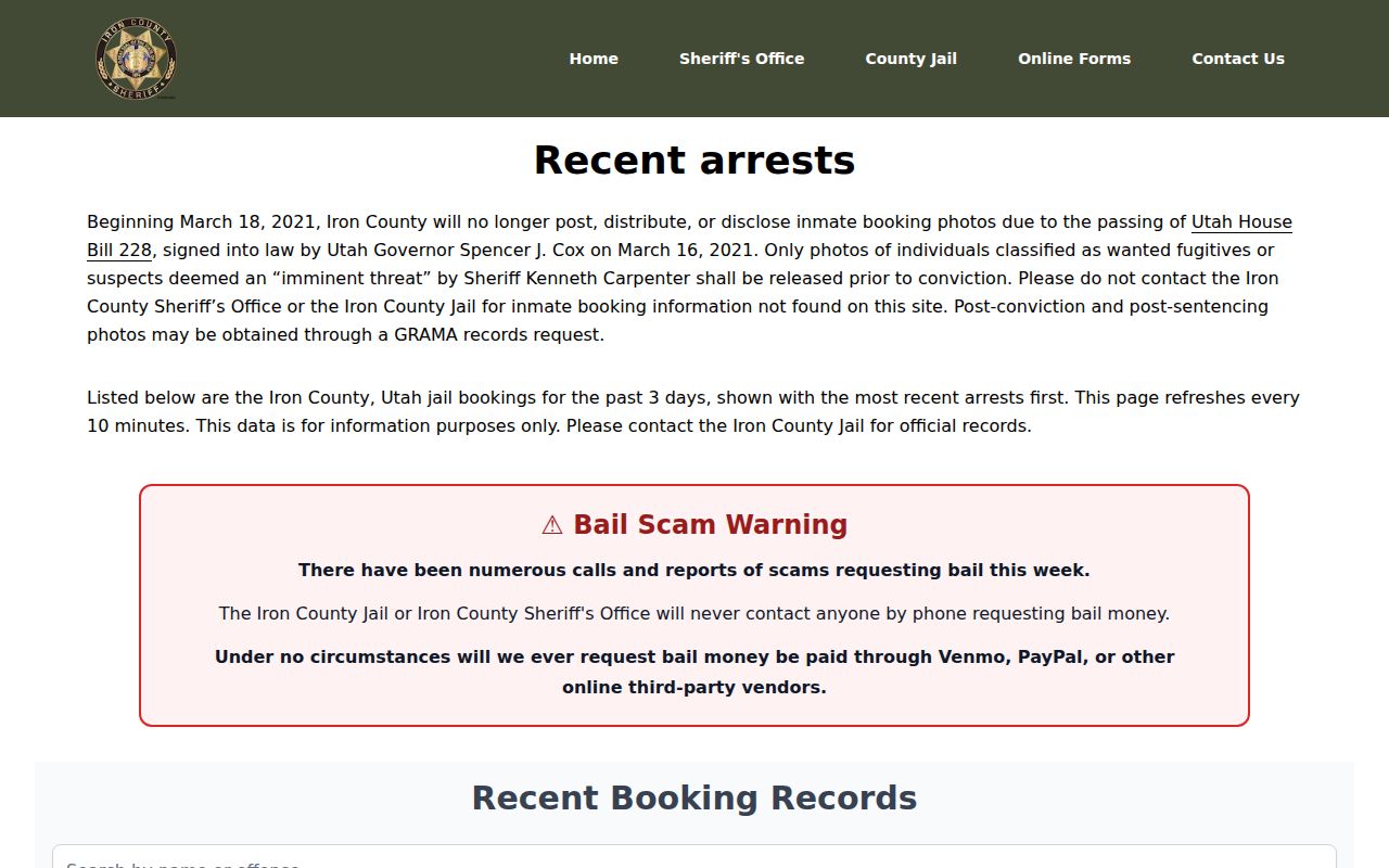 Iron County Utah recent bookings page that is not an Iron County Michigan source
